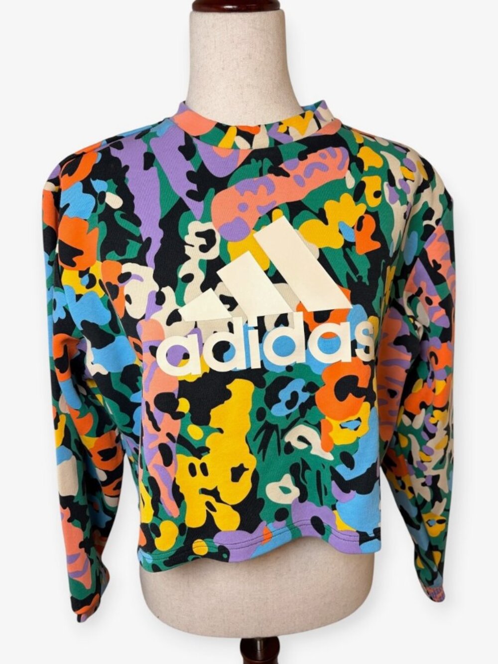 adidas Black Pink Green Geometric Graphic Cropped Sweatshirt Size Small